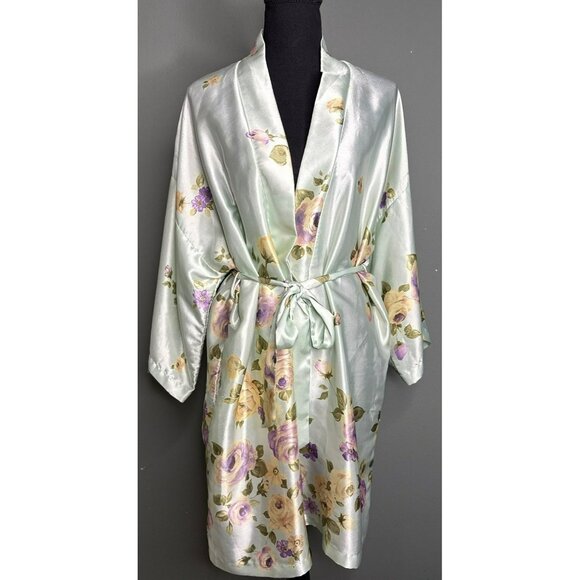VTG California Dynasty Floral Satin Silky Knee Length Kimono Robe - Picture 1 of 7